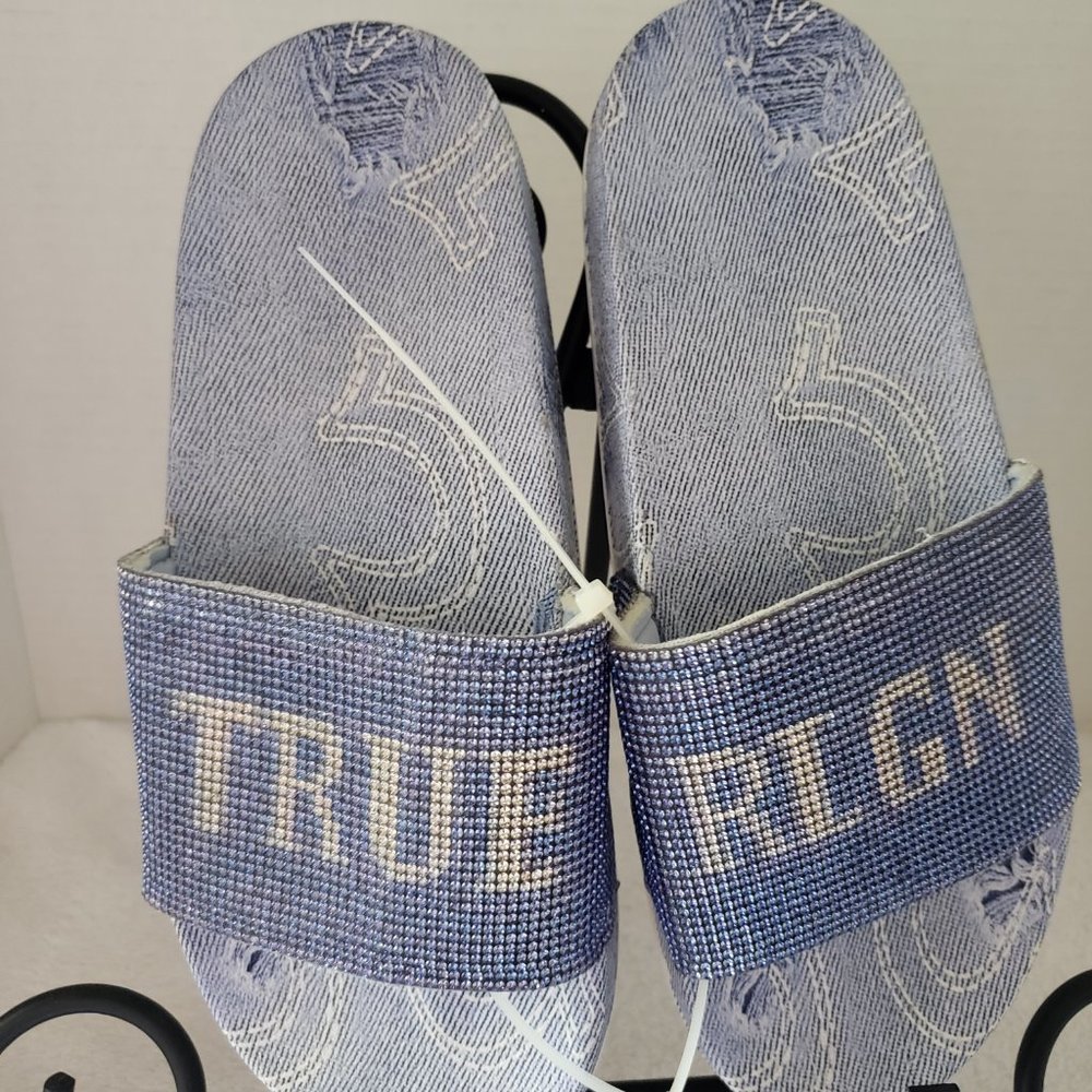 True Religion | NWOT Women's Meyer Bling Demin Print Slip-On Slides Sz 8